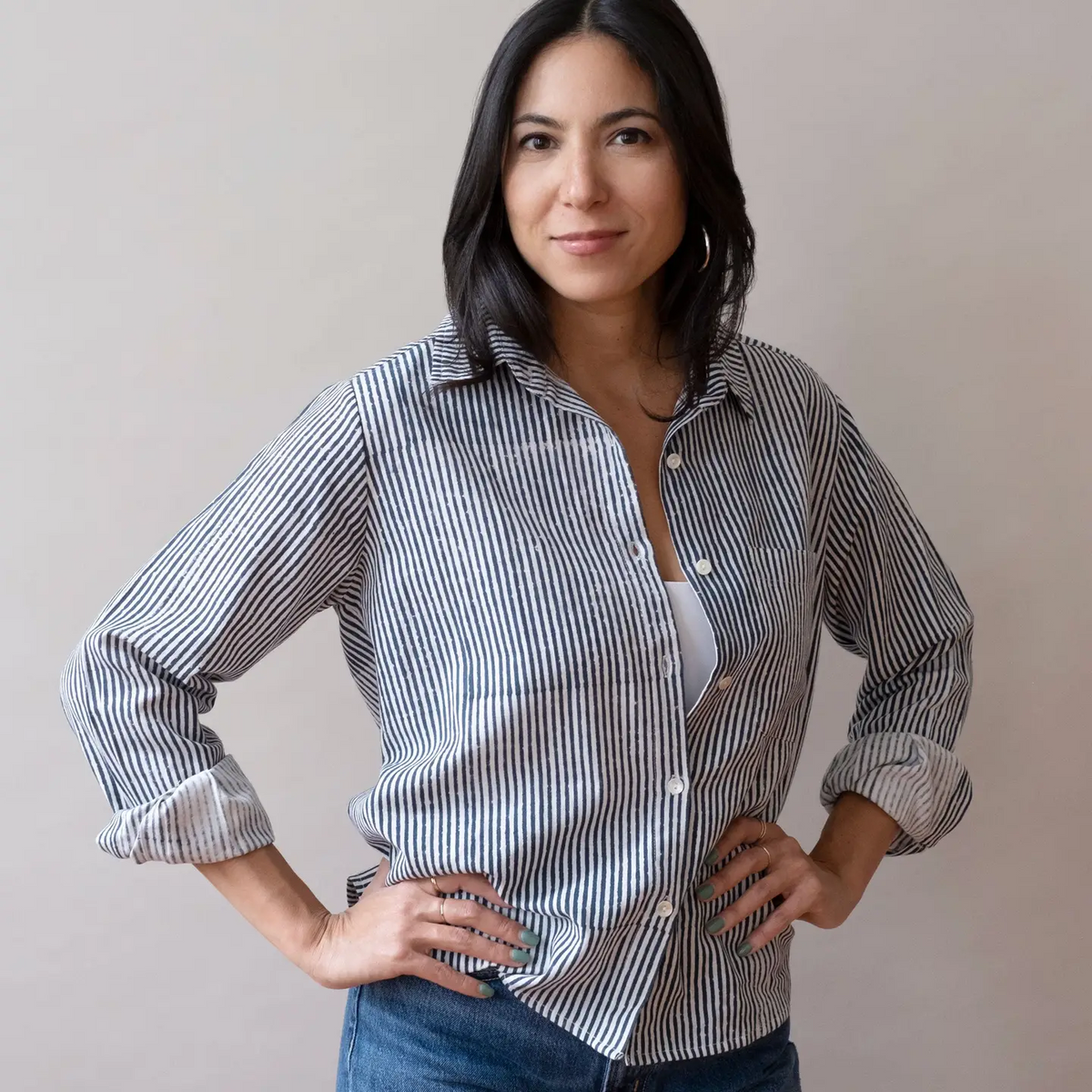 Pali Striped Button-Up Top - Navy