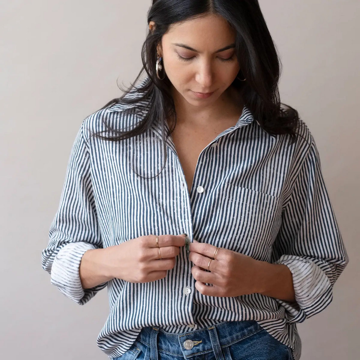 Pali Striped Button-Up Top - Navy