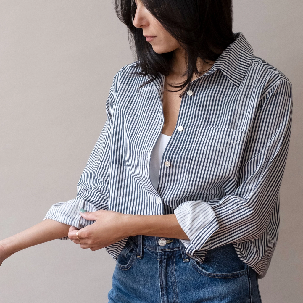 Pali Striped Button-Up Top - Navy