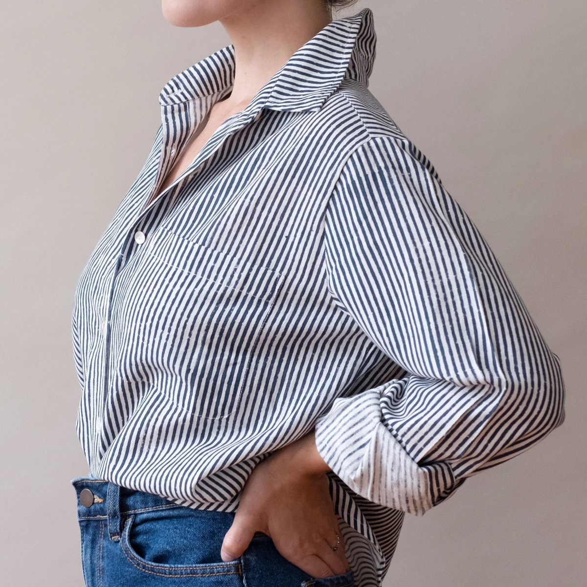 Pali Striped Button-Up Top - Navy